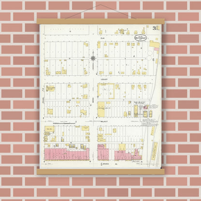 Old map wall art mockup — magnetic wood frame on brick wall — Sanborn Fire Insurance Map from Whitewright, Grayson County, Texas (1911), Sheet #0003