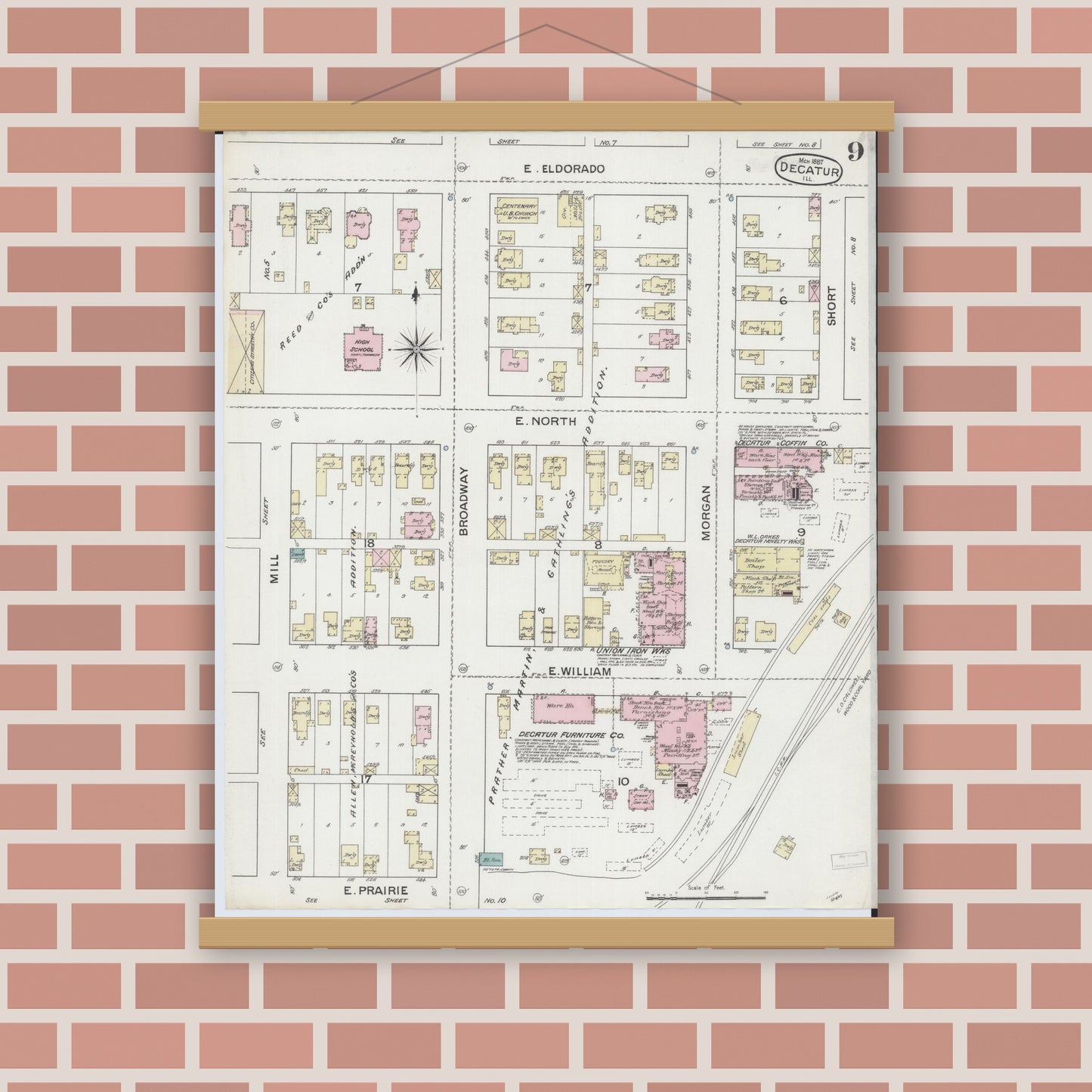 Old map wall art mockup — magnetic wood frame on brick wall — Sanborn Fire Insurance Map from Decatur, Macon County, Illinois (1887), Sheet #0009