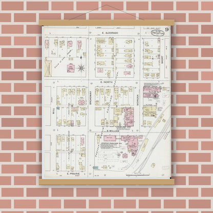 Old map wall art mockup — magnetic wood frame on brick wall — Sanborn Fire Insurance Map from Decatur, Macon County, Illinois (1887), Sheet #0009