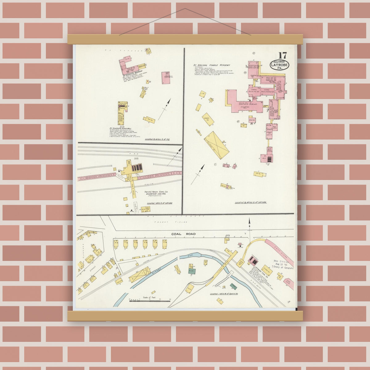 Old map wall art mockup — magnetic wood frame on brick wall — Sanborn Fire Insurance Map from Latrobe, Westmoreland County, Pennsylvania (1909), Sheet #0017