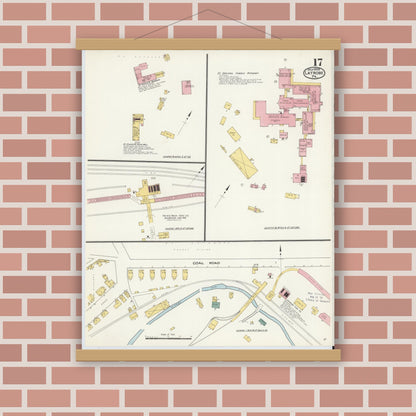 Old map wall art mockup — magnetic wood frame on brick wall — Sanborn Fire Insurance Map from Latrobe, Westmoreland County, Pennsylvania (1909), Sheet #0017