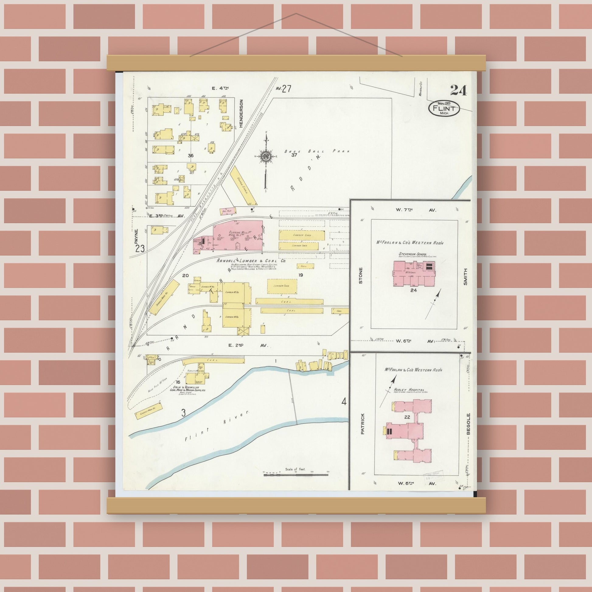 Old map wall art mockup — magnetic wood frame on brick wall — Sanborn Fire Insurance Map from Flint, Genesee County, Michigan (1909), Sheet #0024