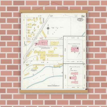 Old map wall art mockup — magnetic wood frame on brick wall — Sanborn Fire Insurance Map from Flint, Genesee County, Michigan (1909), Sheet #0024