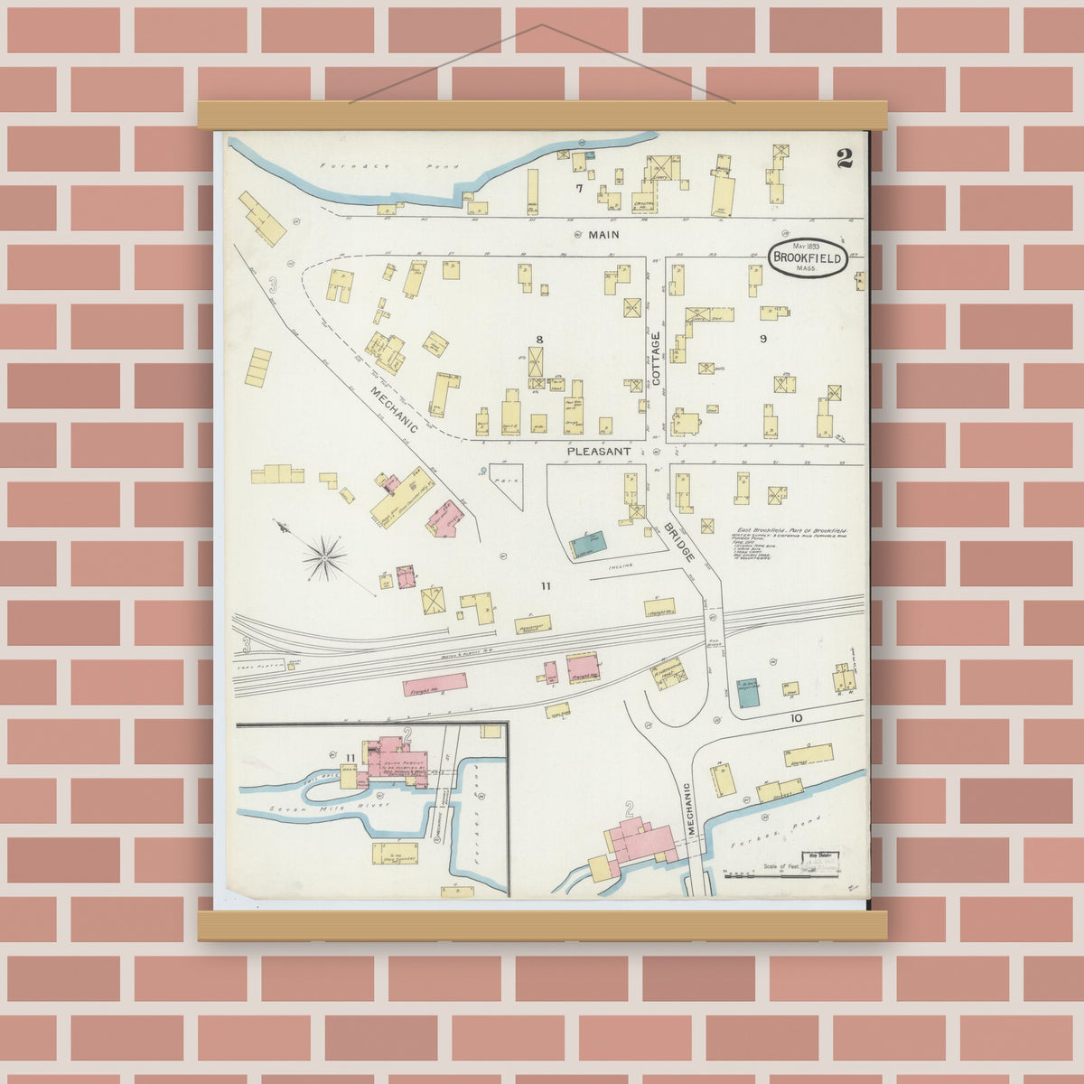 Old map wall art mockup — magnetic wood frame on brick wall — Sanborn Fire Insurance Map from Brookfield, Worcester County, Massachusetts (1893), Sheet #0002