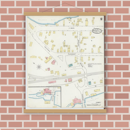Old map wall art mockup — magnetic wood frame on brick wall — Sanborn Fire Insurance Map from Brookfield, Worcester County, Massachusetts (1893), Sheet #0002