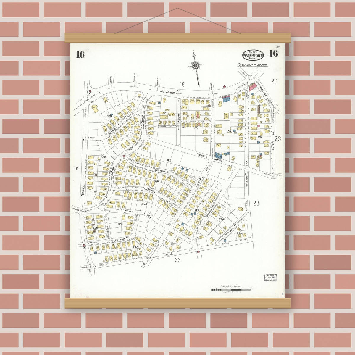 Old map wall art mockup — magnetic wood frame on brick wall — Sanborn Fire Insurance Map from Watertown, Middlesex County, Massachusetts (1923), Sheet #0016