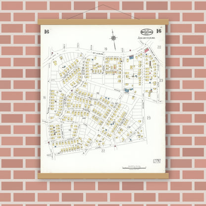 Old map wall art mockup — magnetic wood frame on brick wall — Sanborn Fire Insurance Map from Watertown, Middlesex County, Massachusetts (1923), Sheet #0016