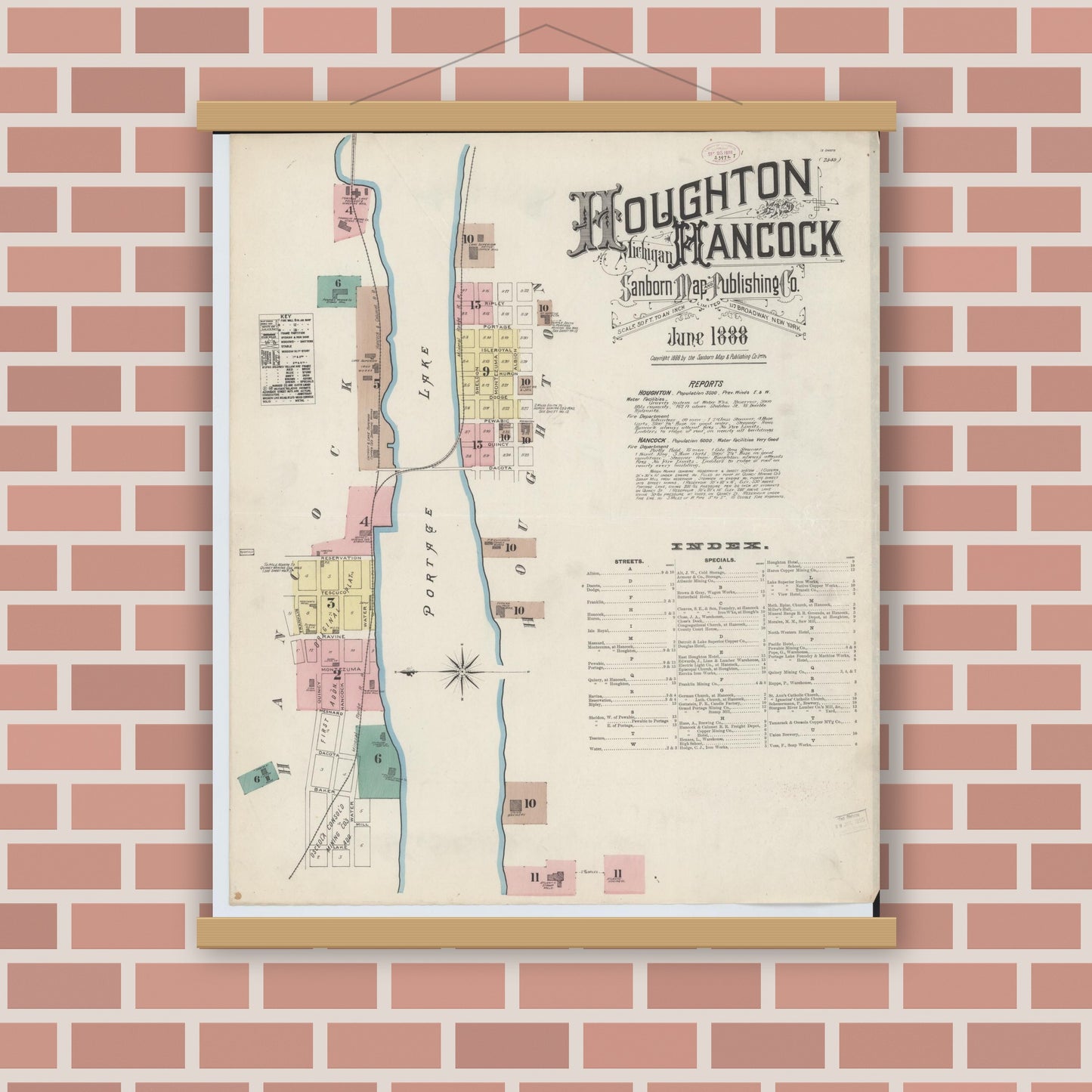 Old map wall art mockup — magnetic wood frame on brick wall — Sanborn Fire Insurance Map from Houghton, Houghton County, Michigan (1888), Sheet #0001