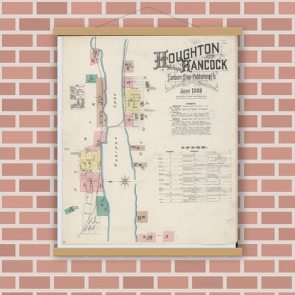 Old map wall art mockup — magnetic wood frame on brick wall — Sanborn Fire Insurance Map from Houghton, Houghton County, Michigan (1888), Sheet #0001