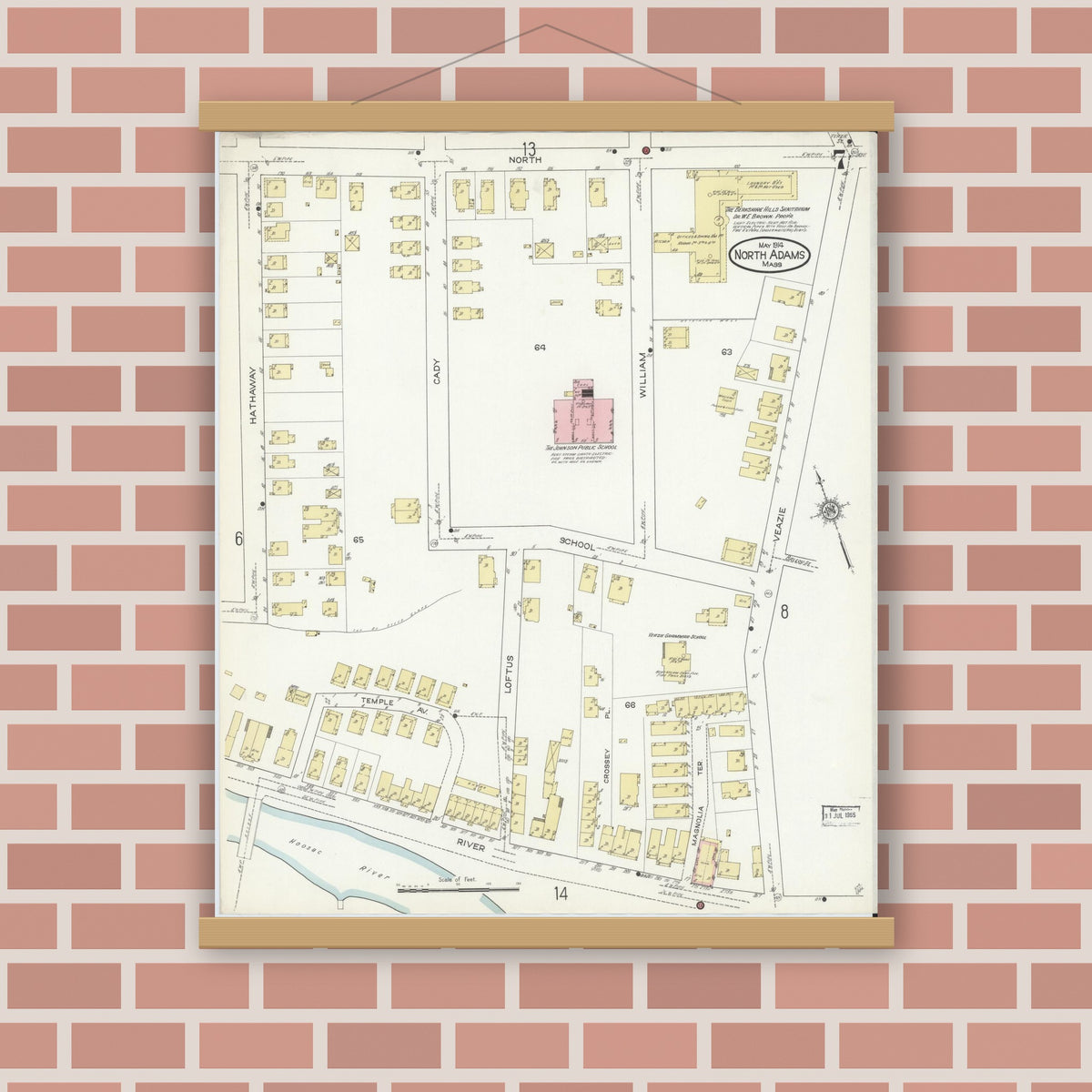 Old map wall art mockup — magnetic wood frame on brick wall — Sanborn Fire Insurance Map from North Adams, Berkshire County, Massachusetts (1914), Sheet #0007