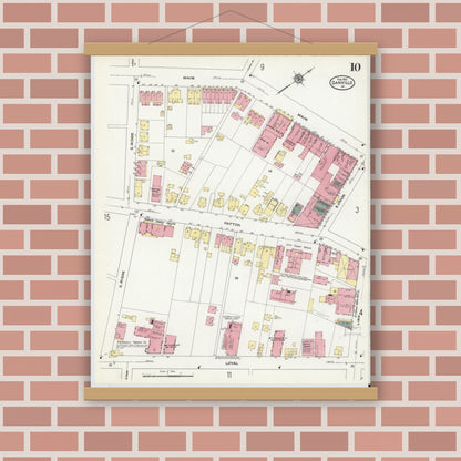 Old map wall art mockup — magnetic wood frame on brick wall — Sanborn Fire Insurance Map from Danville, Independent Cities, Virginia (1910), Sheet #0010