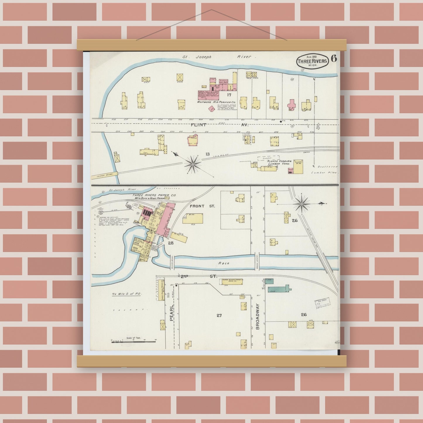 Old map wall art mockup — magnetic wood frame on brick wall — Sanborn Fire Insurance Map from Three Rivers, Saint Joseph County, Michigan (1893), Sheet #0006