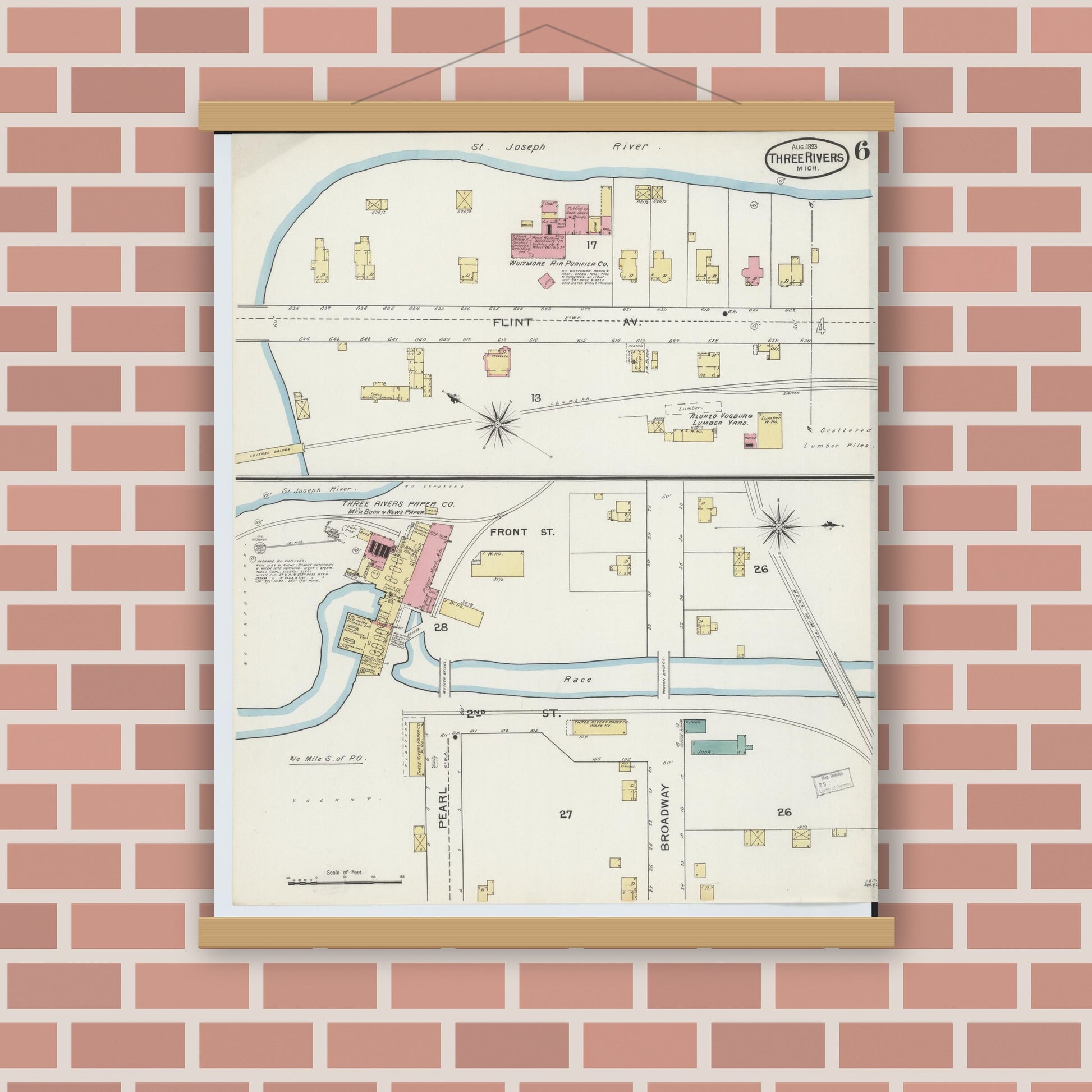Old map wall art mockup — magnetic wood frame on brick wall — Sanborn Fire Insurance Map from Three Rivers, Saint Joseph County, Michigan (1893), Sheet #0006