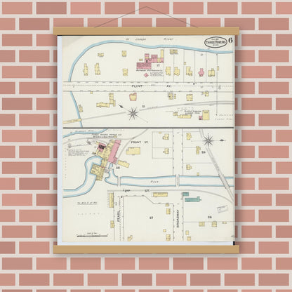 Old map wall art mockup — magnetic wood frame on brick wall — Sanborn Fire Insurance Map from Three Rivers, Saint Joseph County, Michigan (1893), Sheet #0006