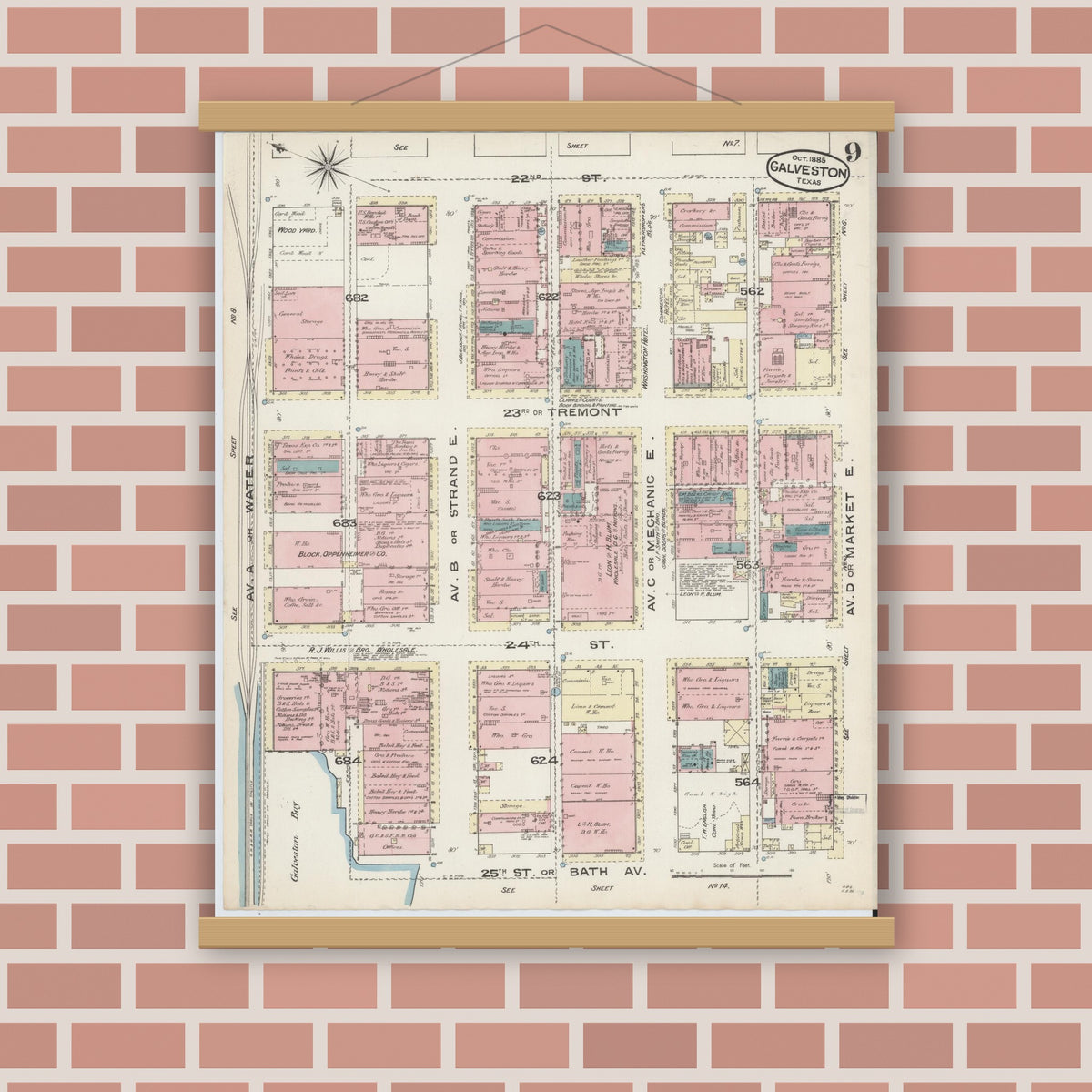 Old map wall art mockup — magnetic wood frame on brick wall — Sanborn Fire Insurance Map from Galveston, Galveston County, Texas (1885), Sheet #0009