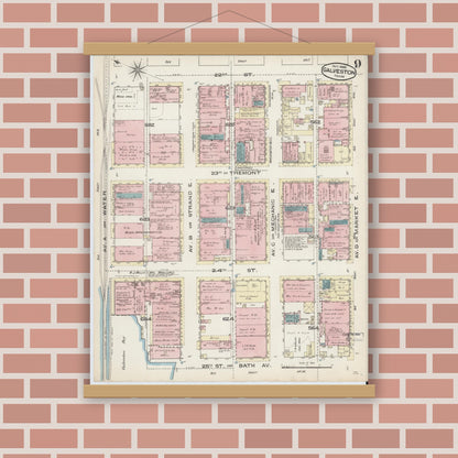 Old map wall art mockup — magnetic wood frame on brick wall — Sanborn Fire Insurance Map from Galveston, Galveston County, Texas (1885), Sheet #0009