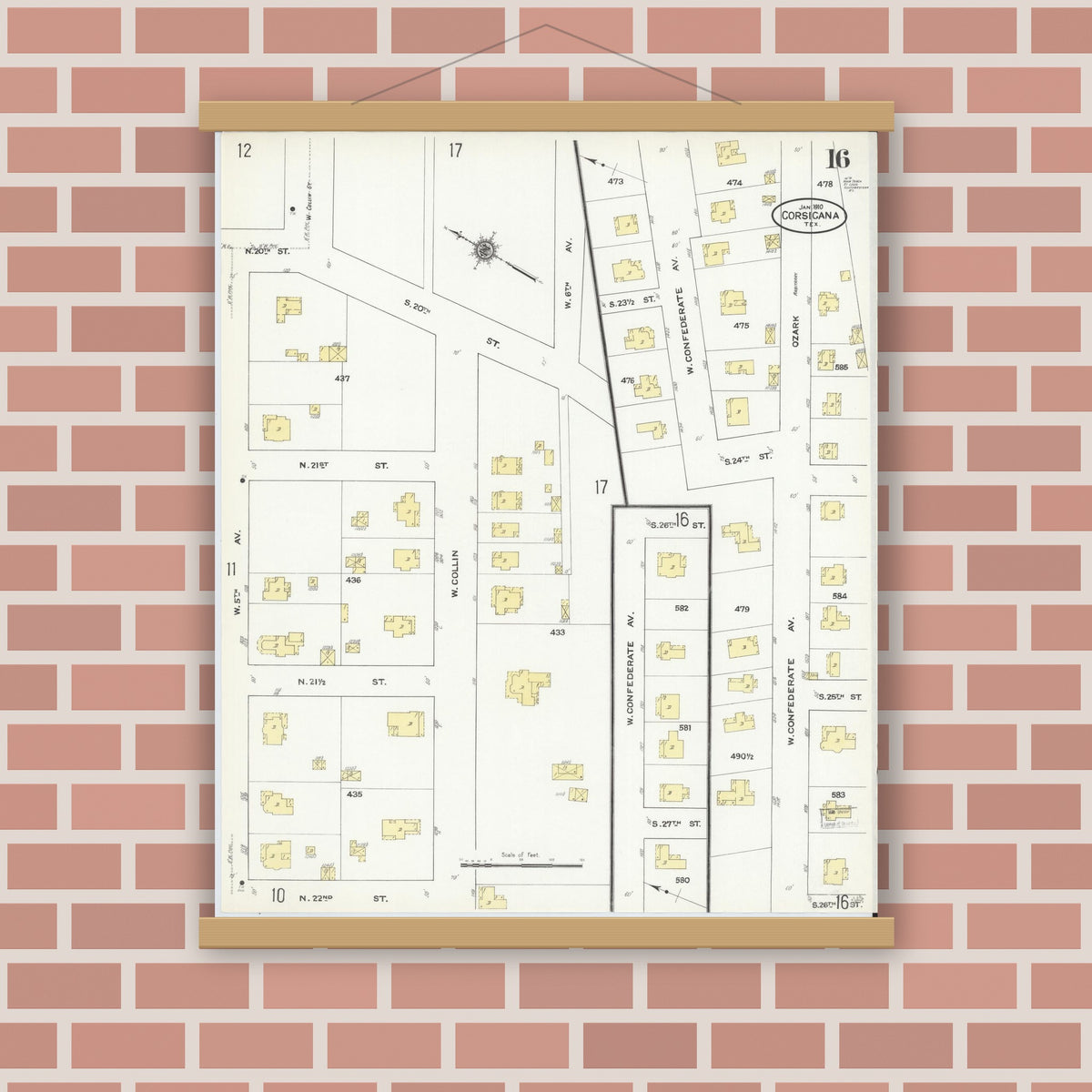 Old map wall art mockup — magnetic wood frame on brick wall — Sanborn Map from Corsicana, Navarro County, Texas (1910), Sheet #0016