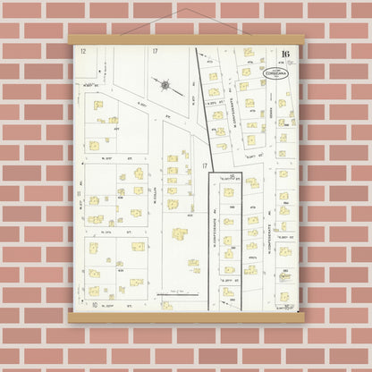 Old map wall art mockup — magnetic wood frame on brick wall — Sanborn Map from Corsicana, Navarro County, Texas (1910), Sheet #0016