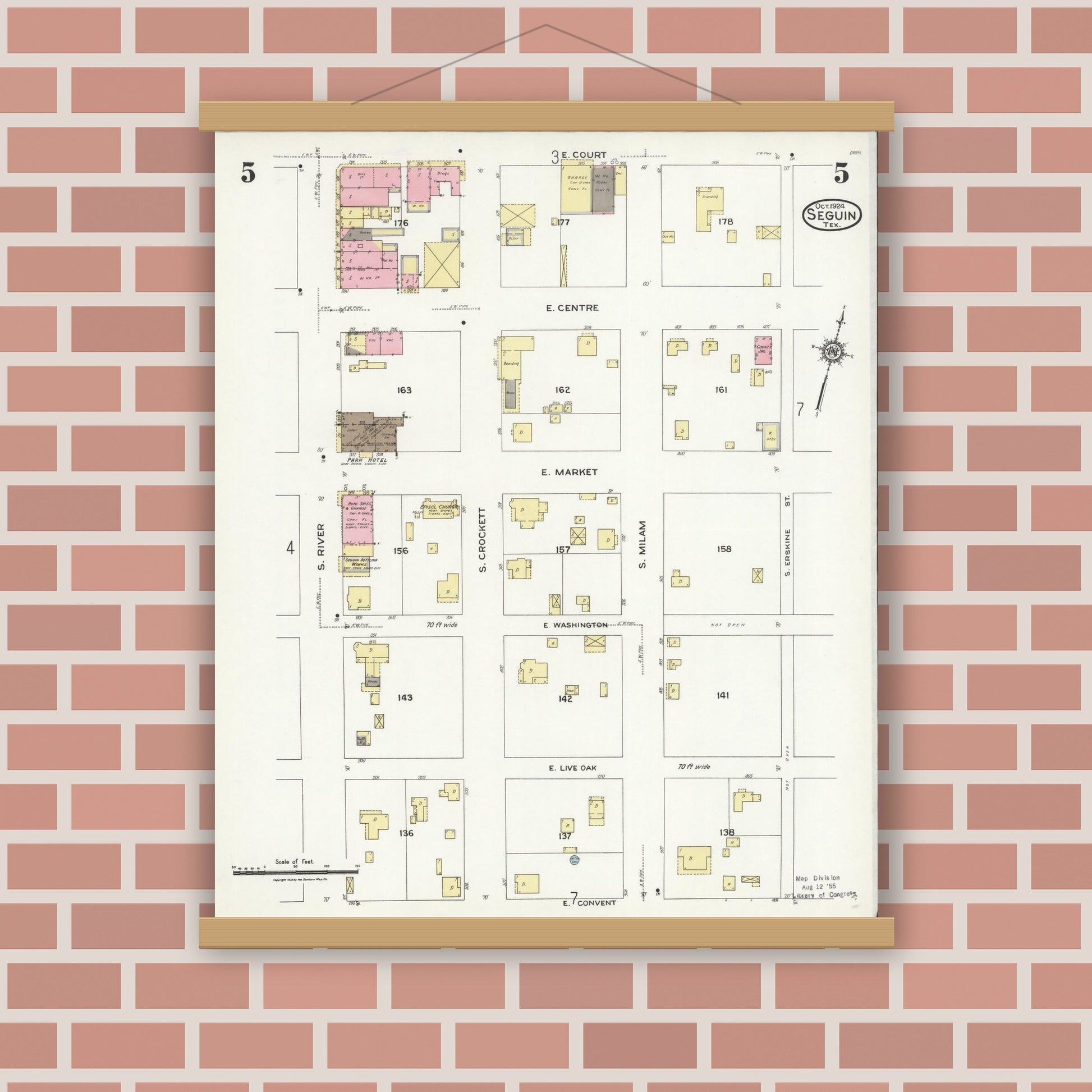 Old map wall art mockup — magnetic wood frame on brick wall — Sanborn Fire Insurance Map from Seguin, Guadalupe County, Texas (1924), Sheet #0005
