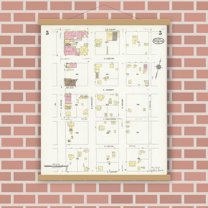 Old map wall art mockup — magnetic wood frame on brick wall — Sanborn Fire Insurance Map from Seguin, Guadalupe County, Texas (1924), Sheet #0005