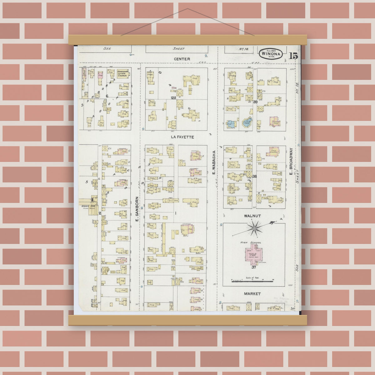 Old map wall art mockup — magnetic wood frame on brick wall — Sanborn Fire Insurance Map from Winona, Winona County, Minnesota (1889), Sheet #0015