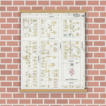 Old map wall art mockup — magnetic wood frame on brick wall — Sanborn Fire Insurance Map from Winona, Winona County, Minnesota (1889), Sheet #0015