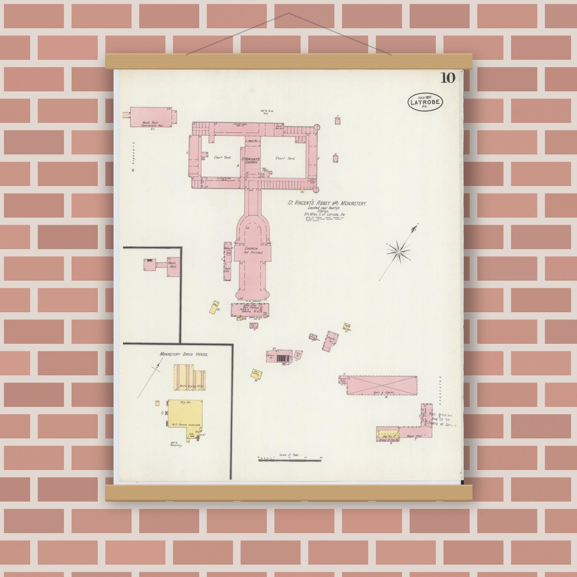 Old map wall art mockup — magnetic wood frame on brick wall — Sanborn Fire Insurance Map from Latrobe, Westmoreland County, Pennsylvania (1897), Sheet #0010