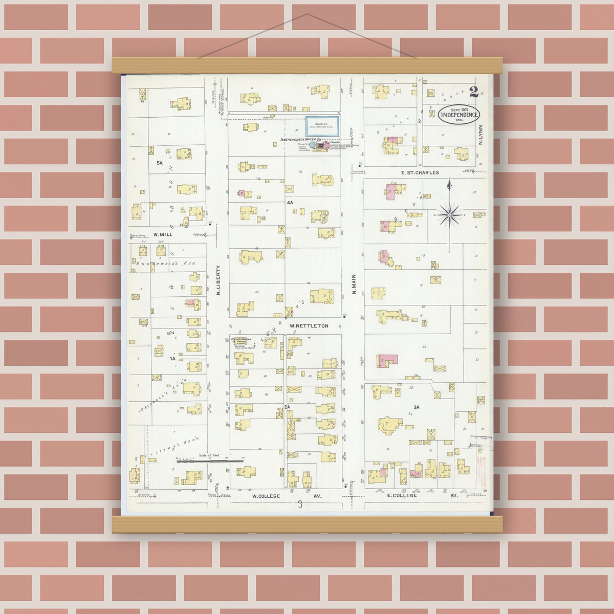 Old map wall art mockup — magnetic wood frame on brick wall — Sanborn Fire Insurance Map from Independence, Jackson County, Missouri (1907), Sheet #0002