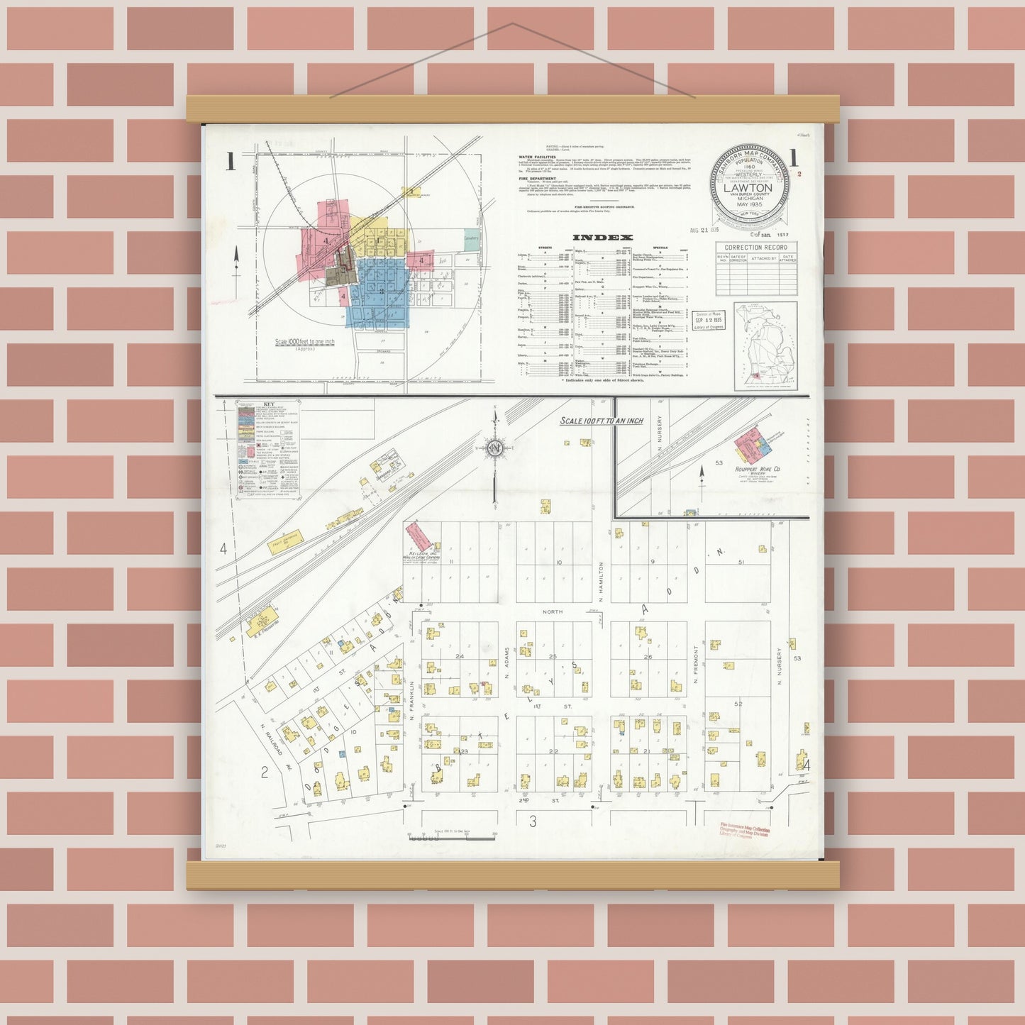 Old map wall art mockup — magnetic wood frame on brick wall — Sanborn Fire Insurance Map from Lawton, Van Buren County, Michigan (1935), Sheet #0001