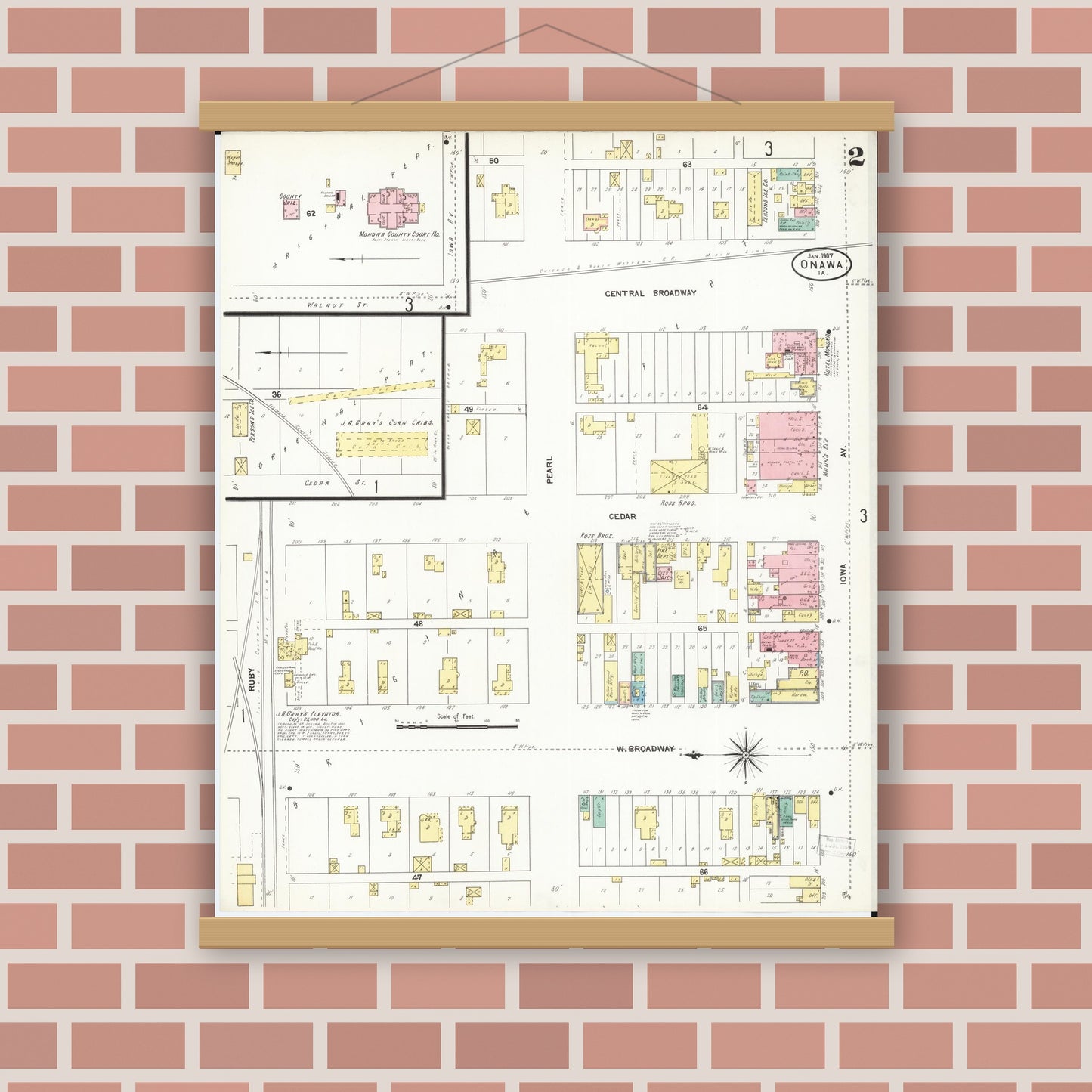 Old map wall art mockup — magnetic wood frame on brick wall — Sanborn Fire Insurance Map from Onawa, Monona County, Iowa (1907), Sheet #0002