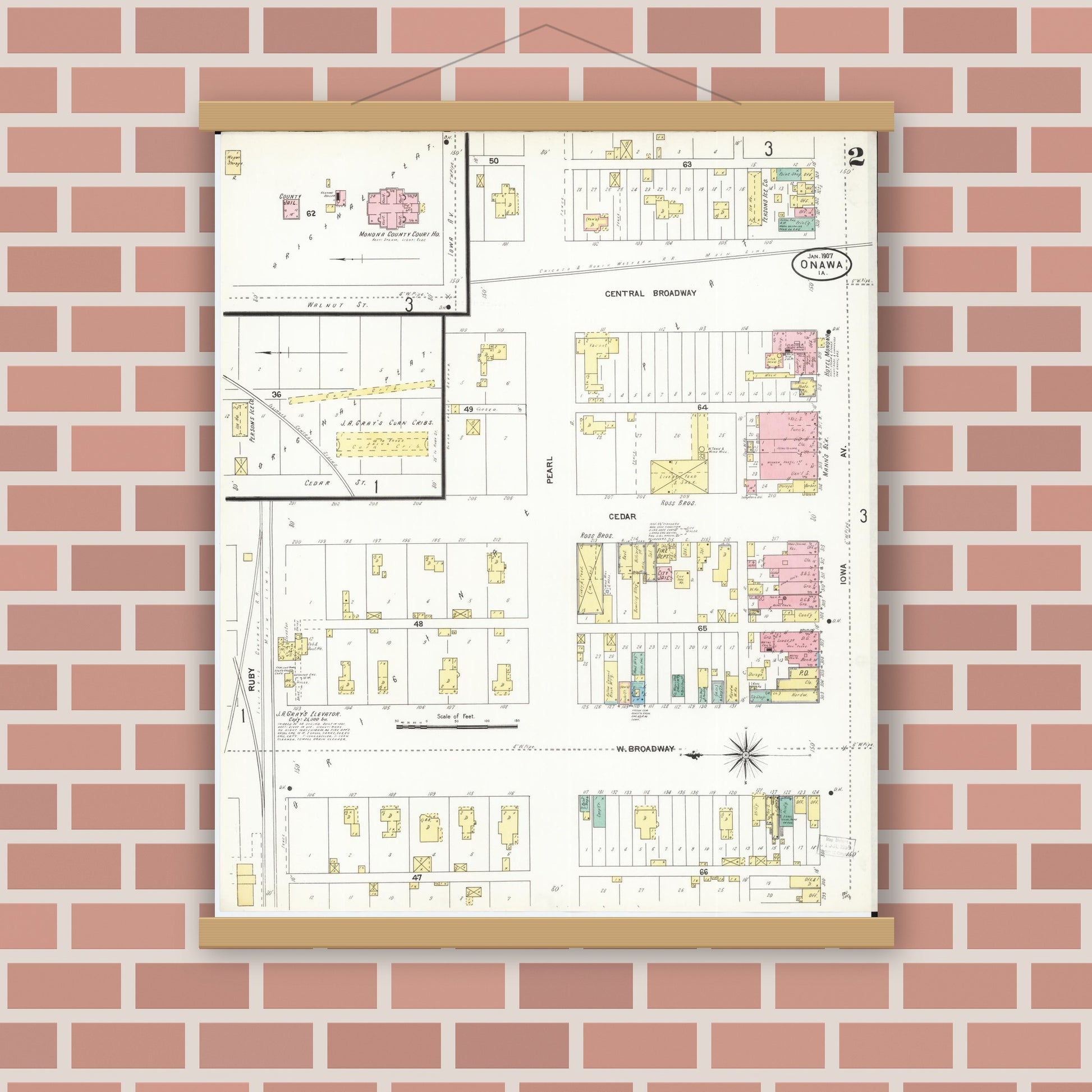 Old map wall art mockup — magnetic wood frame on brick wall — Sanborn Fire Insurance Map from Onawa, Monona County, Iowa (1907), Sheet #0002