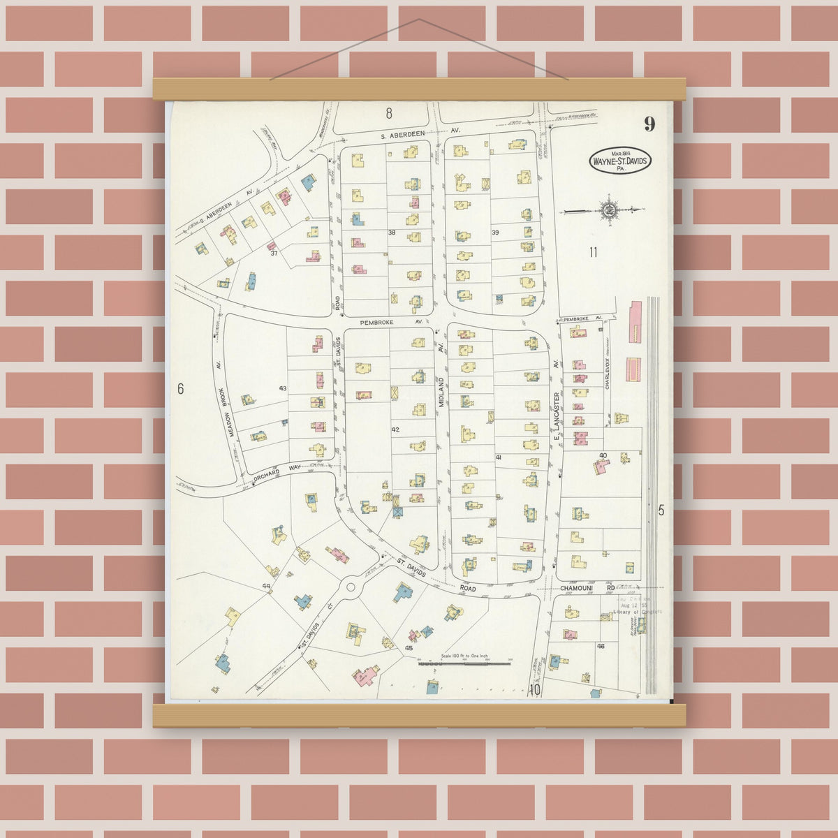 Old map wall art mockup — magnetic wood frame on brick wall — Sanborn Fire Insurance Map from Wayne, Delaware County, Pennsylvania (1914), Sheet #0009