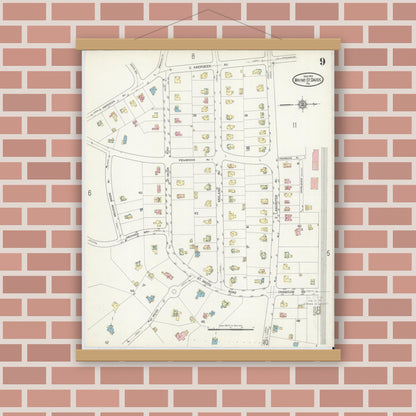 Old map wall art mockup — magnetic wood frame on brick wall — Sanborn Fire Insurance Map from Wayne, Delaware County, Pennsylvania (1914), Sheet #0009
