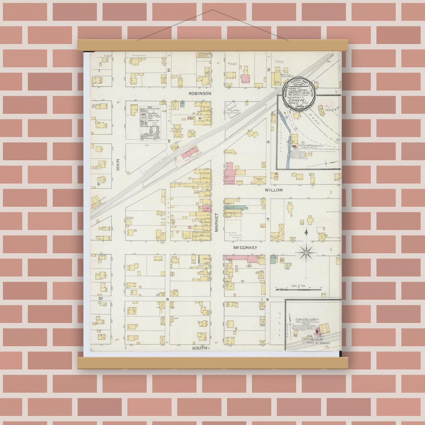 Old map wall art mockup — magnetic wood frame on brick wall — Sanborn Fire Insurance Map from Shreve, Wayne County, Ohio (1892), Sheet #0001