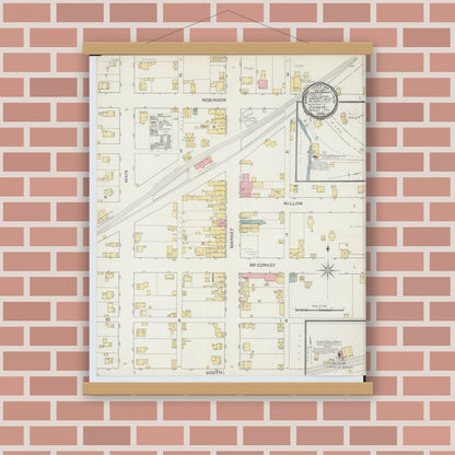 Old map wall art mockup — magnetic wood frame on brick wall — Sanborn Fire Insurance Map from Shreve, Wayne County, Ohio (1892), Sheet #0001