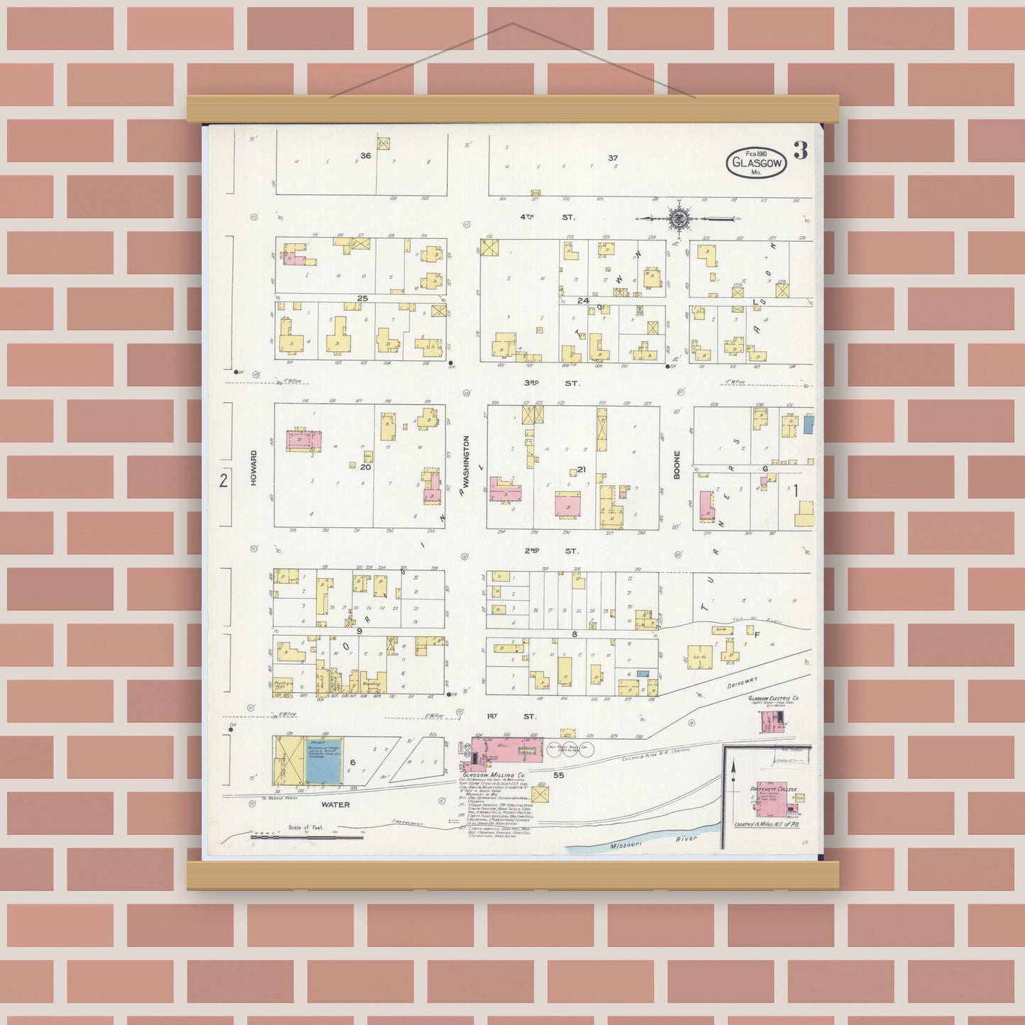 Old map wall art mockup — magnetic wood frame on brick wall — Sanborn Fire Insurance Map from Glasgow, Howard County, Missouri (1910), Sheet #0003