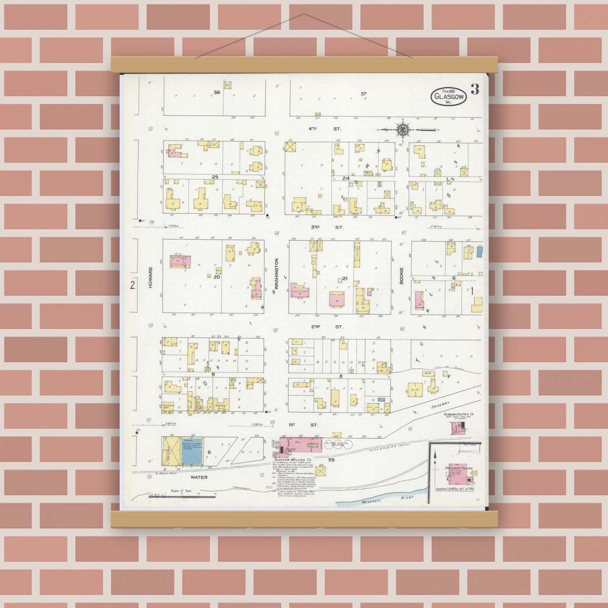 Old map wall art mockup — magnetic wood frame on brick wall — Sanborn Fire Insurance Map from Glasgow, Howard County, Missouri (1910), Sheet #0003