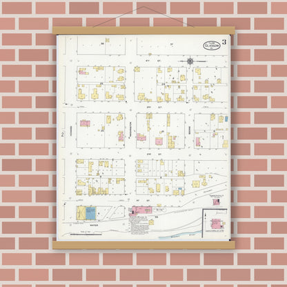 Old map wall art mockup — magnetic wood frame on brick wall — Sanborn Fire Insurance Map from Glasgow, Howard County, Missouri (1910), Sheet #0003