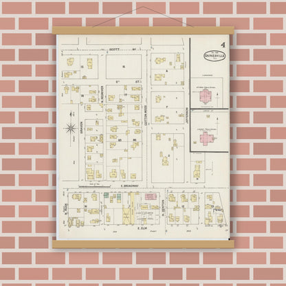 Old map wall art mockup — magnetic wood frame on brick wall — Sanborn Fire Insurance Map from Gainesville, Cooke County, Texas (1888), Sheet #0004