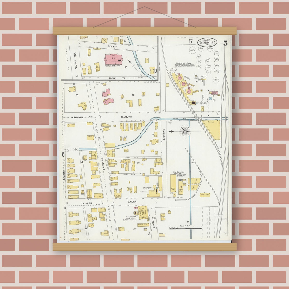 Old map wall art mockup — magnetic wood frame on brick wall — Sanborn Fire Insurance Map from Titusville, Crawford County, Pennsylvania (1904), Sheet #0005