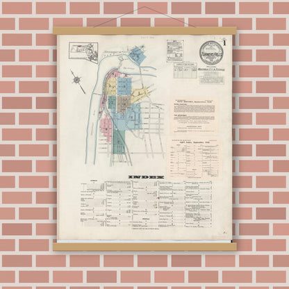 Old map wall art mockup — magnetic wood frame on brick wall — Sanborn Fire Insurance Map from Turners Falls, Franklin County, Massachusetts (1940), Sheet #0001