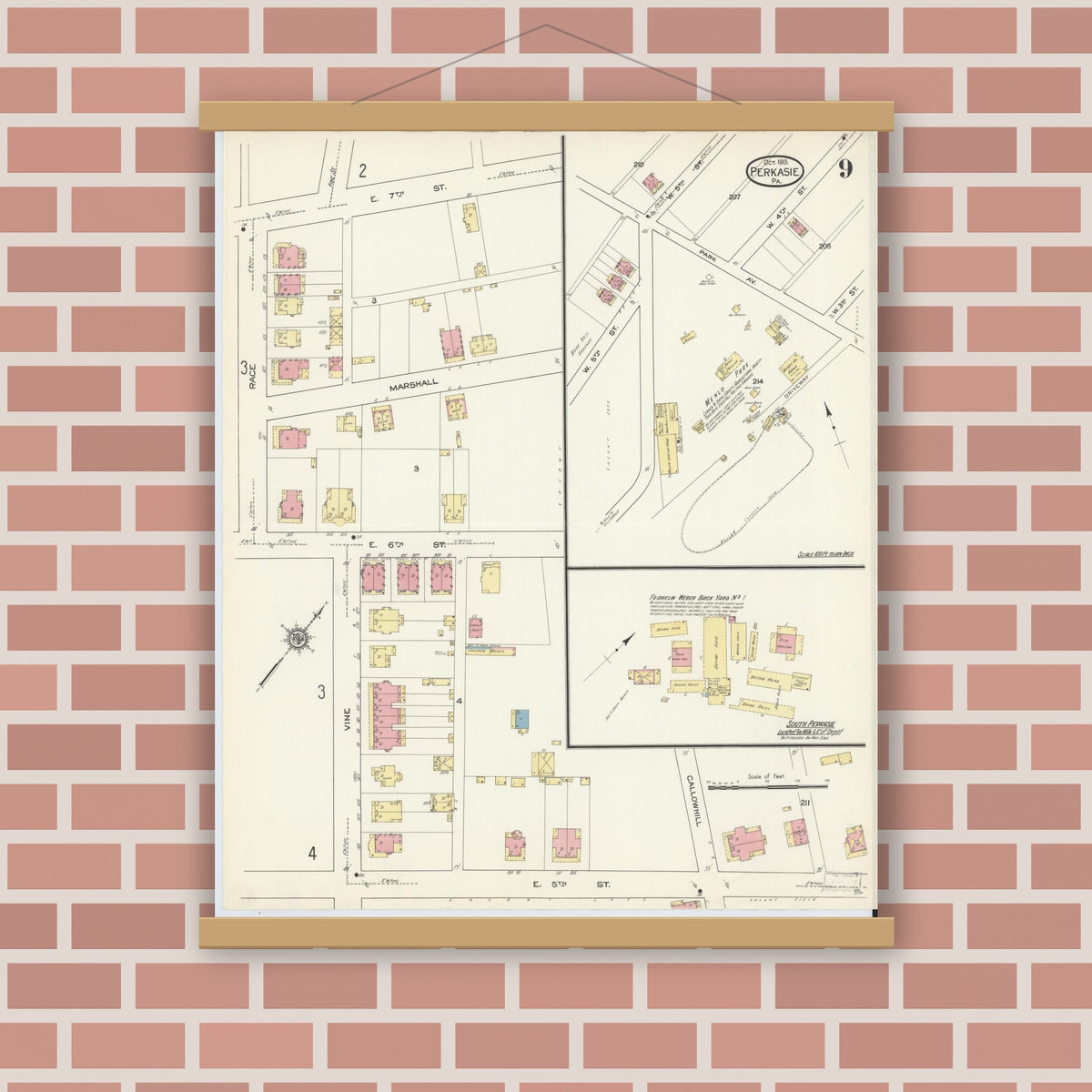 Old map wall art mockup — magnetic wood frame on brick wall — Sanborn Fire Insurance Map from Perkasie, Bucks County, Pennsylvania (1913), Sheet #0009