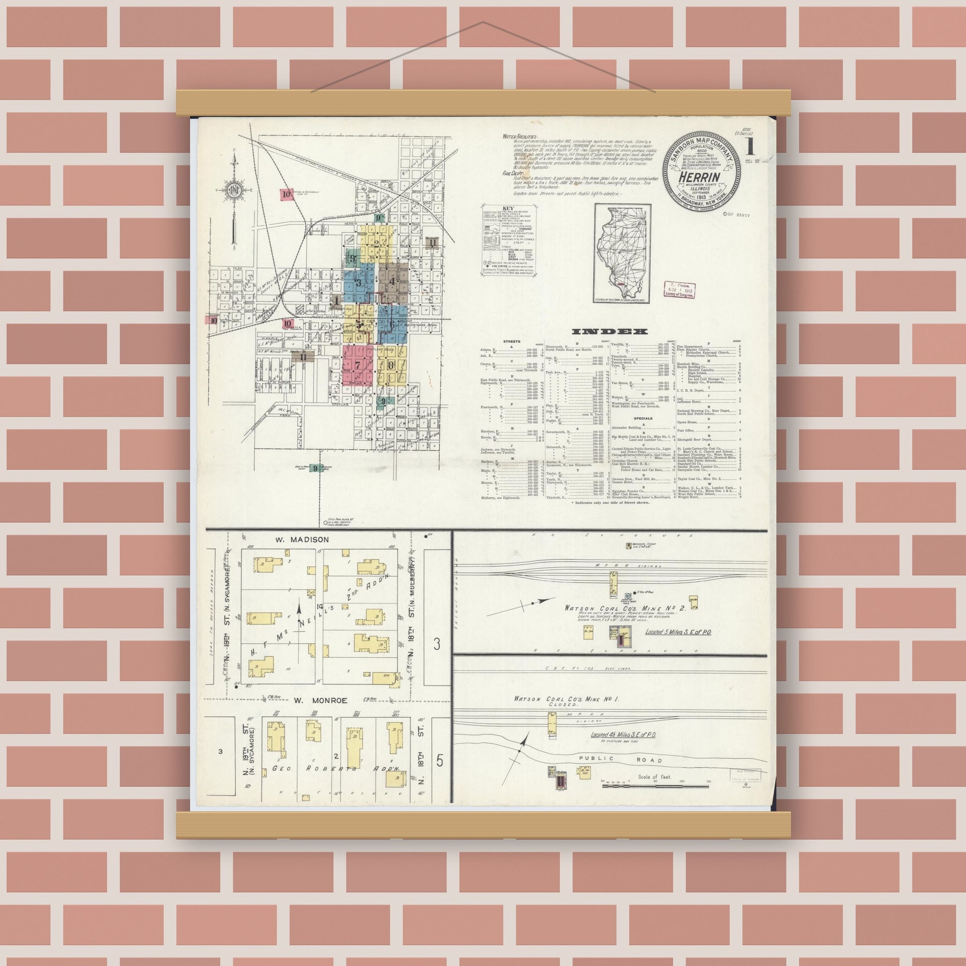 Old map wall art mockup — magnetic wood frame on brick wall — Sanborn Fire Insurance Map from Herrin, Williamson County, Illinois (1913), Sheet #0001