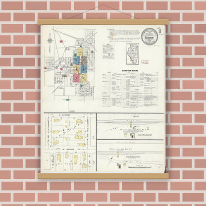 Old map wall art mockup — magnetic wood frame on brick wall — Sanborn Fire Insurance Map from Herrin, Williamson County, Illinois (1913), Sheet #0001