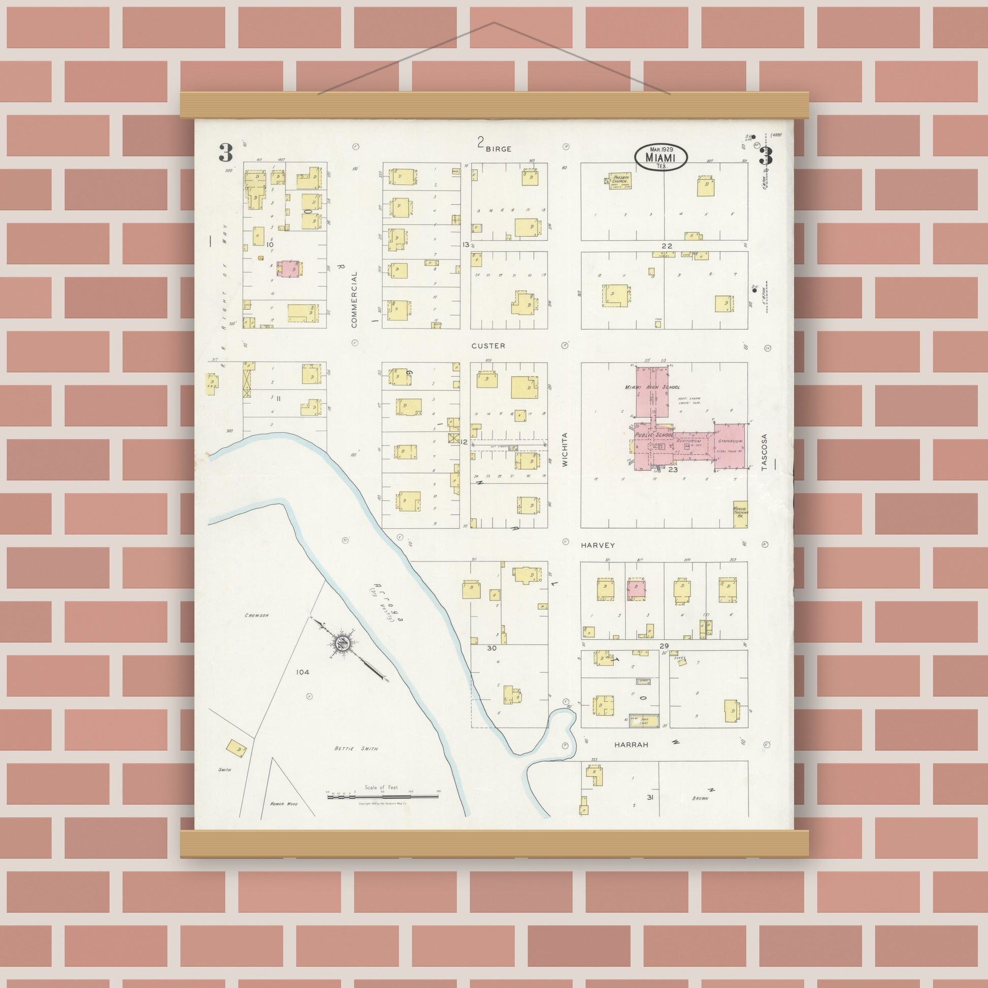 Old map wall art mockup — magnetic wood frame on brick wall — Sanborn Fire Insurance Map from Miami, Roberts County, Texas (1929), Sheet #0003