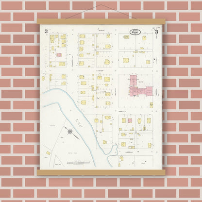 Old map wall art mockup — magnetic wood frame on brick wall — Sanborn Fire Insurance Map from Miami, Roberts County, Texas (1929), Sheet #0003
