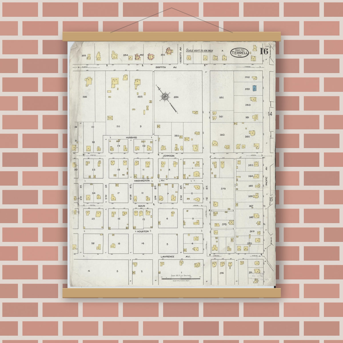 Old map wall art mockup — magnetic wood frame on brick wall — Sanborn Fire Insurance Map from Terrell, Kaufman County, Texas (1921), Sheet #0016