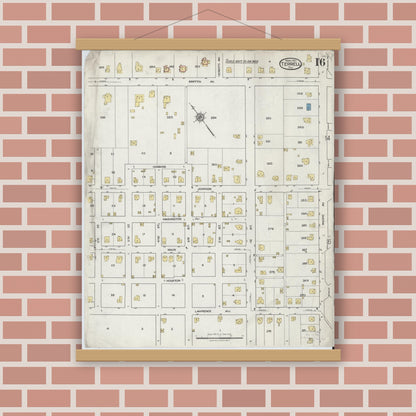 Old map wall art mockup — magnetic wood frame on brick wall — Sanborn Fire Insurance Map from Terrell, Kaufman County, Texas (1921), Sheet #0016