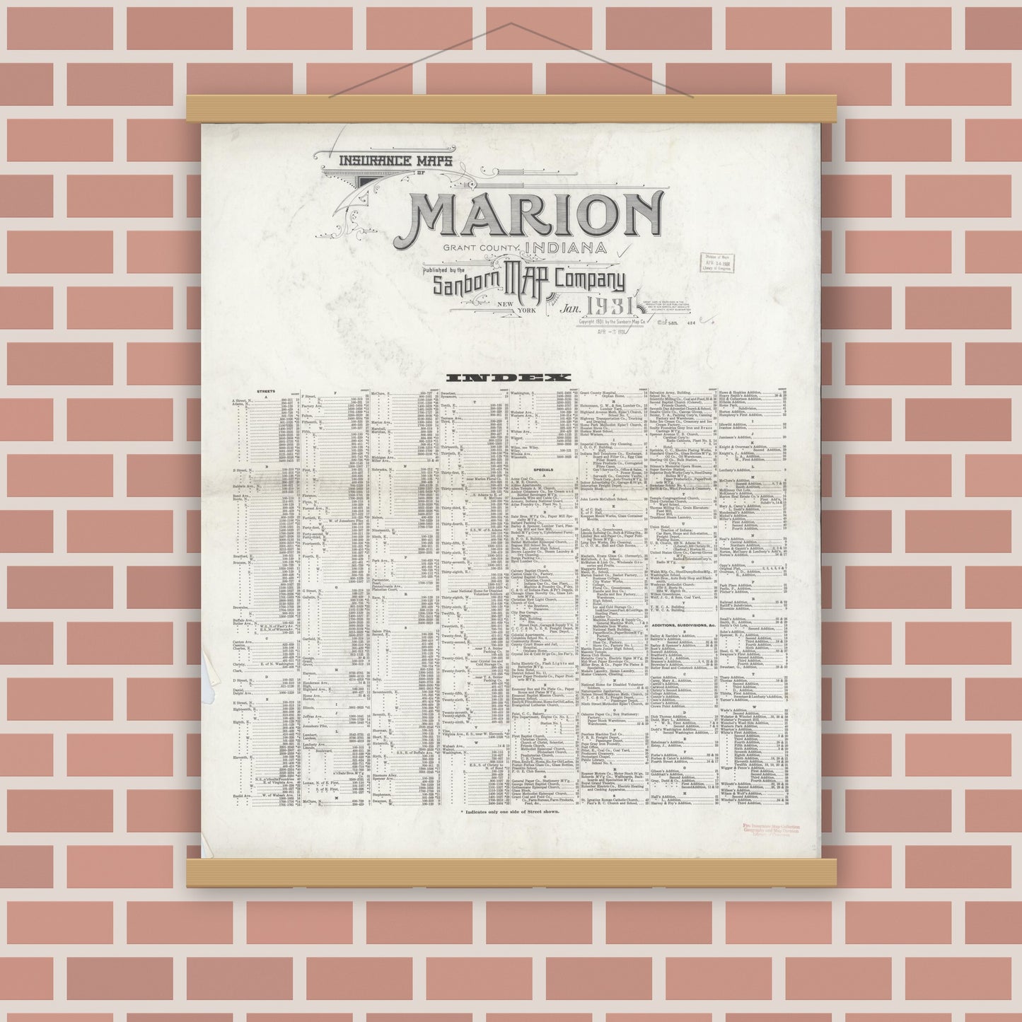Old map wall art mockup — magnetic wood frame on brick wall — Sanborn Fire Insurance Map from Marion, Grant County, Indiana (1931), Sheet #0001