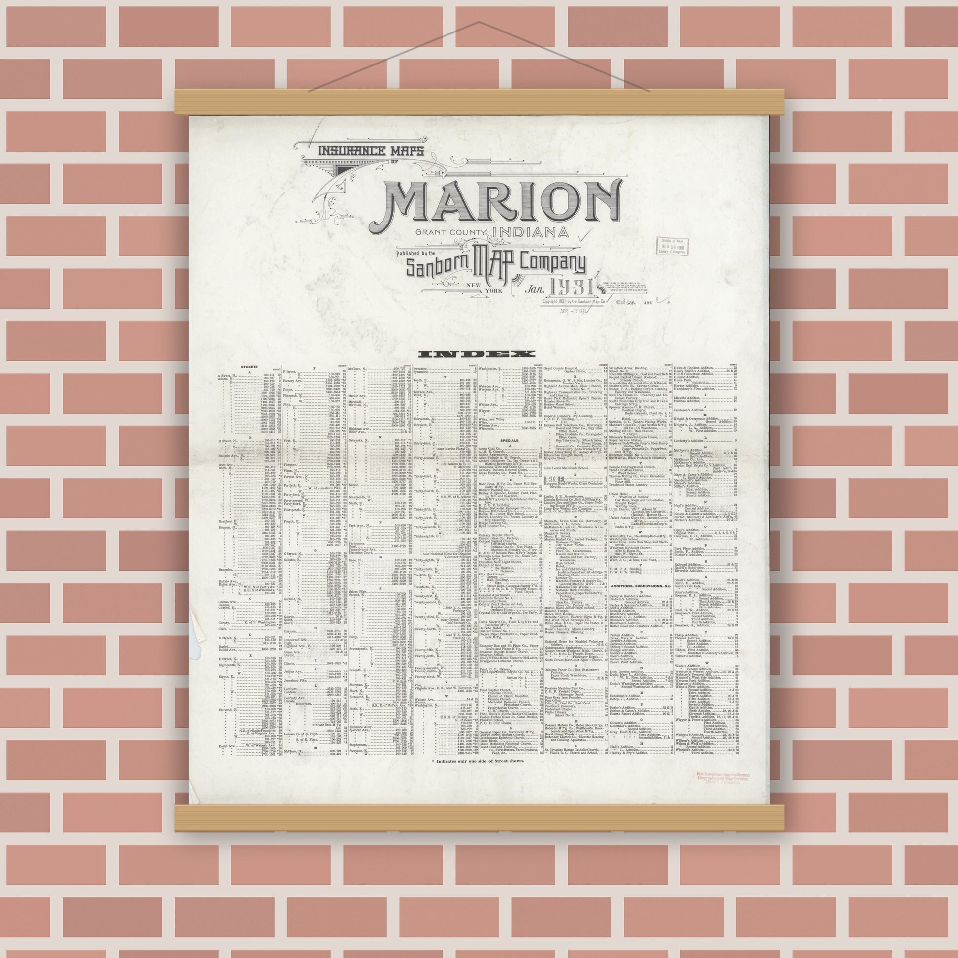 Old map wall art mockup — magnetic wood frame on brick wall — Sanborn Fire Insurance Map from Marion, Grant County, Indiana (1931), Sheet #0001